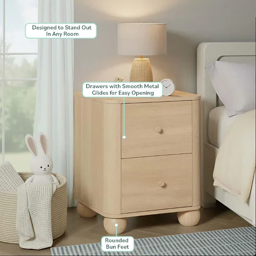 Vista 2 de Linley Moderna Mesita de noche curvada de madera con 2 cajones con patas redondas Roble costero