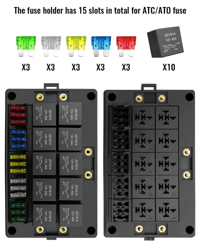 Vista 2 de Caja de relé de fusibles de 12V con 15 fusibles y 10 relés y terminales, 15 ranuras para fusibles y 10 ranuras para relés de 4/5 pines, soporte