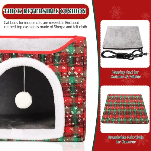 Vista 9 de Cama Térmica para Gatos de Interior, Casa Plegable para Gatos con Almohadilla Térmica Extraíble para Gatos y Perros Pequeños, Cama Cubierta