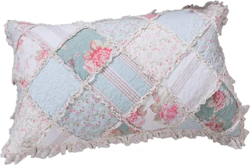 Vista 10 de DaDa Bedding - Juego de colcha de algodón con diseño de retazos florales campestres con un toque de menta, acolchada, con volantes multicolor pastel