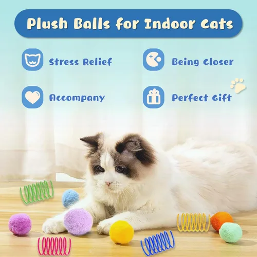 Vista 3 de 30 piezas de bolas de pompón de gato premium silenciosas, bolas de juguete de colores surtidos y suaves interactivas (3 cm), con 4 piezas de juguete