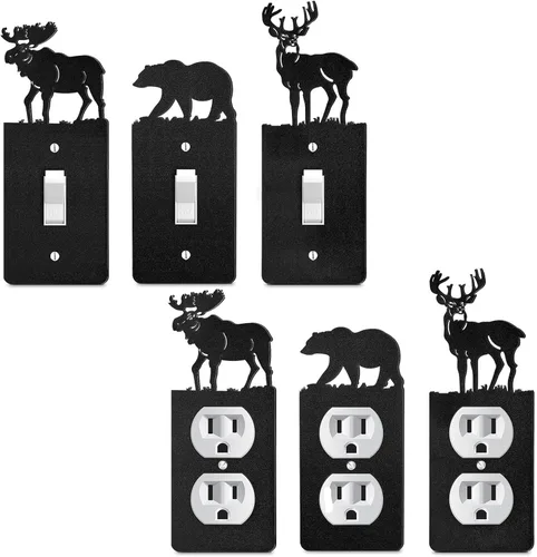 Vista 9 de Lothee 6 piezas de placa de metal para interruptor de luz de oso, alce, árbol, montaña, alce, bosque, placa de salida, cubierta de pared