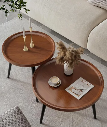 Vista 10 de 2 piezas de mesa de centro moderna de mediados de siglo, redonda para sala de estar, fácil de montar, mesas de centro anidables, mesa de centro