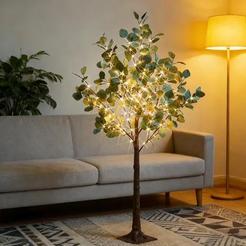 Vista 9 de Fudios Árboles iluminados para interiores de 4 pies con 160 luces LED de eucalipto artificial con luces para exteriores, planta falsa