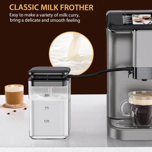 Vista 2 de Garvee Máquina de café expreso totalmente automática con molinillo integrado y espumador de leche, cafetera para 4 bebidas y café con leche