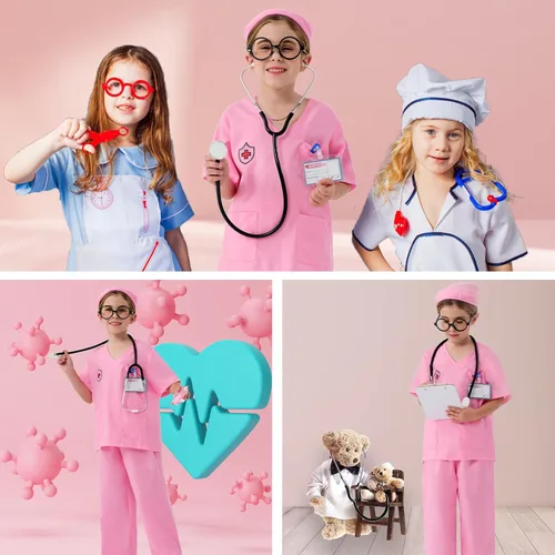 Vista 6 de Fooecor Doctor Costume for Kids, Halloween Scrubs Pants Set for Toddler Girls with 6 Toys Accessories