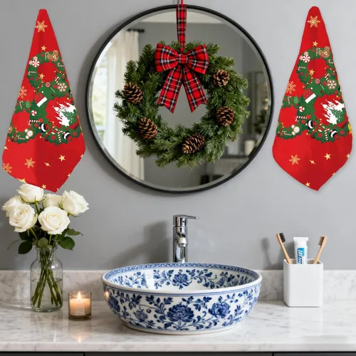 Vista 7 de Juego de 2 toallas de cocina con texto en inglés "Merry Christmas" (18 x 26 pulgadas), toallas de mano decorativas de Navidad para baño, hogar, hotel