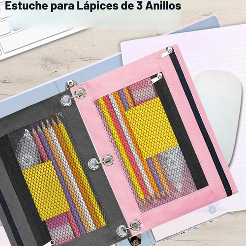 Vista 2 de Estuche para lápices con 3 anillas, con cremallera, estuche para cosméticos, paquete de 2