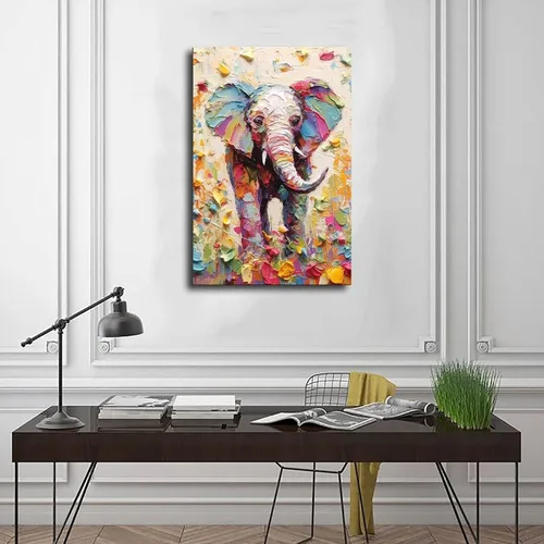 Vista 3 de Fyzuf Arte de pared de elefante - Pintura al óleo sobre lienzo, estilo cubismo, estética de elefante colorido, 12 x 18 pulgadas (11.8 x 17.7 in) sin