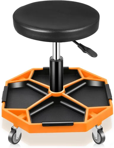 Vista 9 de Auto Dynasty - Taburete mecánico, ajustable, neumático, rodante para taller de garaje con bandeja de herramientas, asiento de 300 LBS para taller