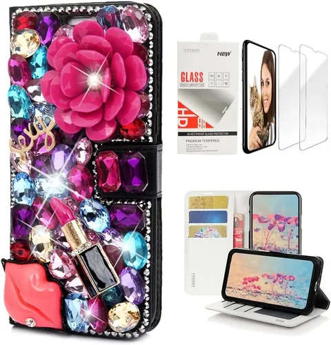 Vista 5 de Bling Wallet - Funda para teléfono compatible con iPhone 15, elegante, hecha a mano en 3D, con cristal de pavo real, magnética, de cuero, para niñas