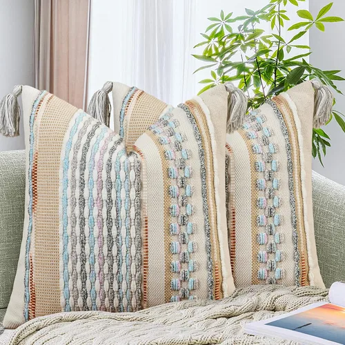 Vista 9 de AmHoo - Fundas de almohada de 18 x 18 pulgadas con borlas, fundas de almohada decorativas tejidas con textura de chenilla estilo boho para sofá