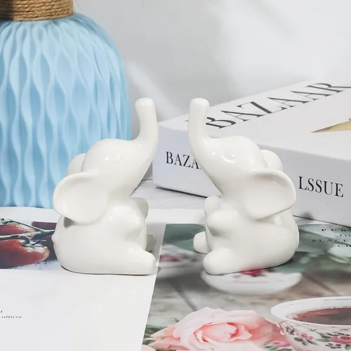 Vista 6 de Loving Pair - Juego de figuras de elefante blanco de cerámica, pequeña estatua de elefante para estantería, escritorio, decoración del hogar, regalo