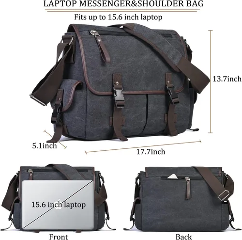 Vista 4 de Bolsa de mensajero vintage de lona para laptop de 15.6 pulgadas para hombres y mujeres, bolsa de hombro para computadora universitaria, maletines