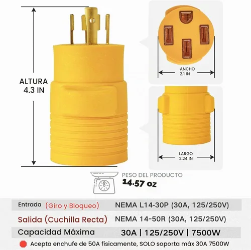 Vista 2 de MECMO NEMA L14-30P to 14-50R RV Generator Adapter, Twist Lock 30 to 50 Amp