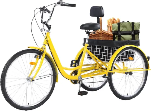 Vista 8 de Triciclo para adultos de 26 pulgadas, bicicletas de 7 velocidades y 3 ruedas, asiento grande con respaldo, triciclo para adultos con cestas