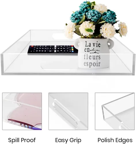 Vista 7 de Bandeja de acrílico para servir (12 x 12 x 2 pulgadas) con asas, a prueba de derrames, bandeja decorativa transparente para aperitivos, desayuno