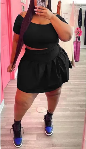 Vista 2 de Conjunto de falda para mujer, 2 piezas, trajes de club, tallas grandes, sexy, de verano, hombros descubiertos, mini vestido corto sin mangas