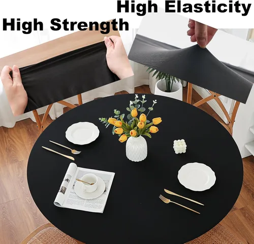 Vista 3 de Mantel redondo de elastano, suave y agradable a la piel, sin pelusas, funda de mesa de tela transpirable con banda elástica para comedor, reunión