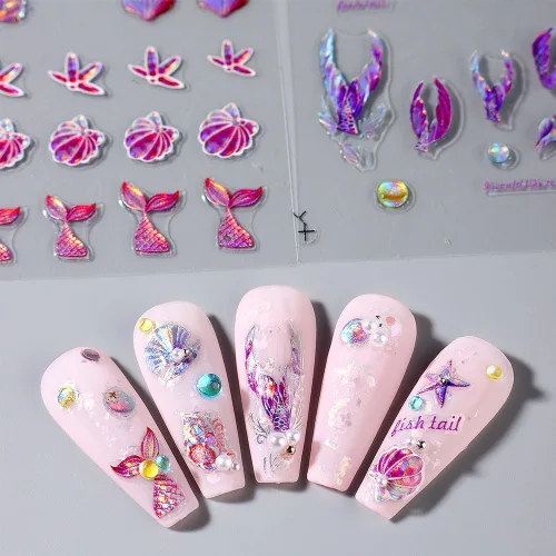 Vista 7 de Calcomanías de uñas de cola de sirena de ensueño 5D, calcomanías de uñas de verano 5D en relieve láser de sirena, calcomanías de arte de uñas de ola