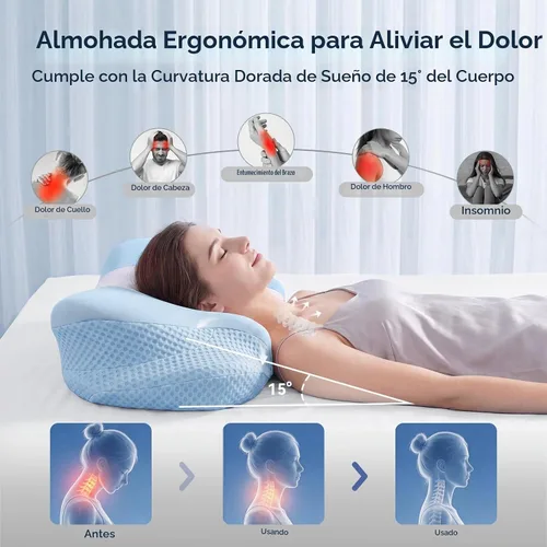 Vista 2 de Almohada cervical para aliviar el dolor de cuello y hombros, almohadas ergonómicas de espuma viscoelástica con funda de seda de hielo transpirable