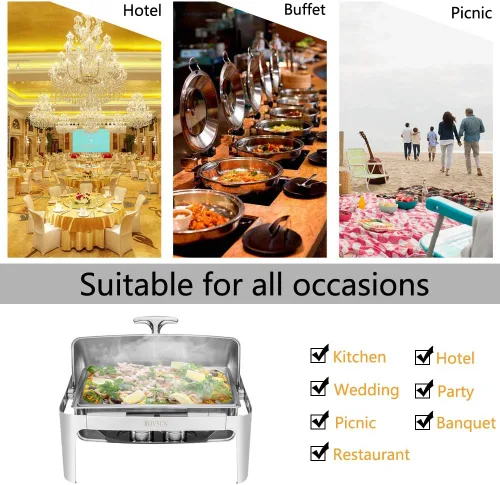 Vista 7 de ROVSUN Juego de bufé de platos para rozar platos de 9 cuartos de galón de acero inoxidable, juego rectangular NSF con bandeja para alimentos