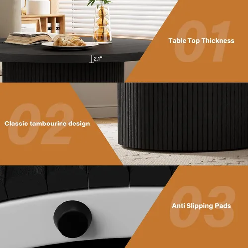 Vista 5 de Furniway Mesa de centro redonda, mesa de centro circular de 35.4 pulgadas de ancho, mesa de madera y mesa central para sala de estar, color negro