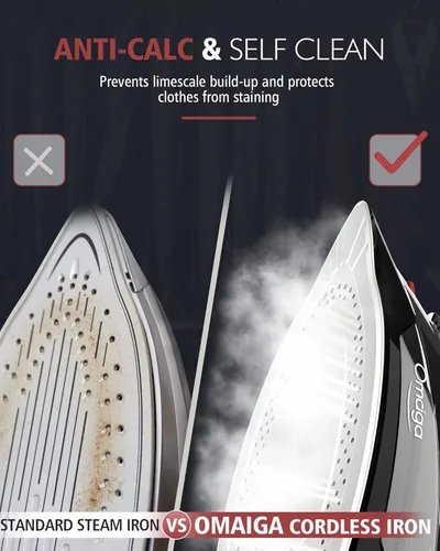 Vista 6 de OMAIGA - Plancha inalámbrica para ropa, plancha de vapor de 1500W con calentamiento rápido, suela de cerámica, apagado automático, autolimpieza