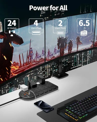 Vista 2 de DEPOW Regleta protectora contra sobretensiones de 6.5 pies con 24 salidas de CA (1875 W/15 A), 6 USB (2 puertos USB-C), 3,400 julios, cable de Negro
