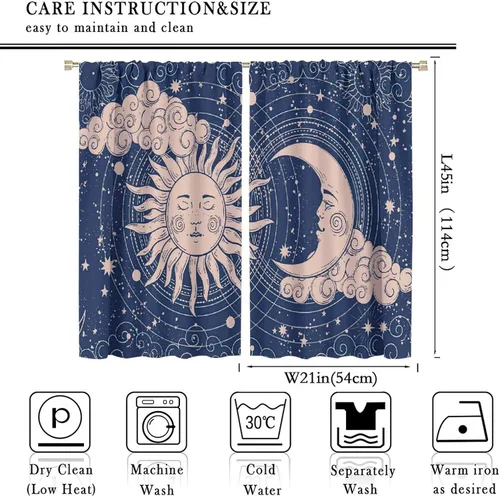 Vista 2 de Cortinas opacas con diseño de sol y luna, cuerpos celestes bohemios, con diseño de sol, luna y estrellas, para sala de estar, dormitorio, 42 x 45
