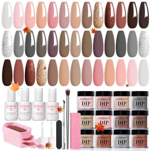 Vista 22 de AzureBeauty - Kit de 31 piezas de polvo de inmersión para uñas, otoño, invierno, rojo y verde con purpurina