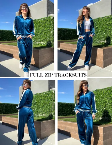 Vista 5 de Ekouaer Conjunto deportivo de terciopelo de terciopelo para mujer, 2 piezas, sudadera con cremallera y pantalones deportivos con bolsillos, tallas