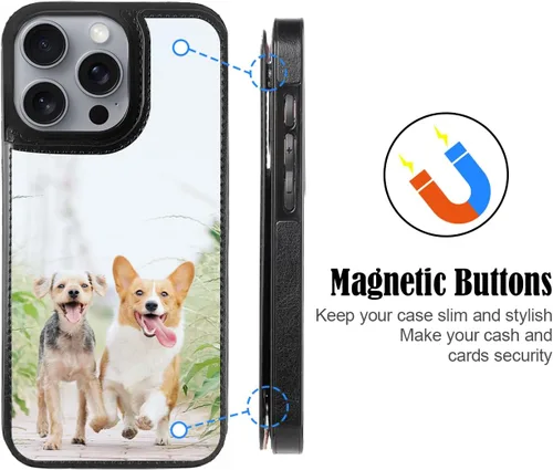 Vista 5 de Funda tipo cartera personalizada para iPhone 16/15/11/12/13/XR/X/XS SE Pro Max Mini con soporte para tarjetas, texto de imagen personalizada, a