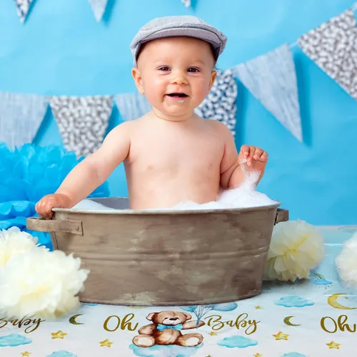Vista 4 de Tatuo Paquete de 3 manteles rectangulares de plástico con diseño de oso para baby shower, para niños y niñas, revelación de género, cumpleaños, baby