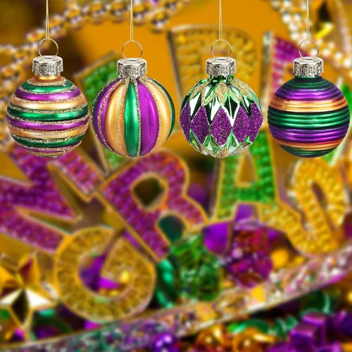 Vista 5 de Watayo 12 adornos de bola de vidrio Mardi Gras, bolas colgantes con purpurina de 1.5 pulgadas, adornos morados de Nueva Orleans, verde, adornos