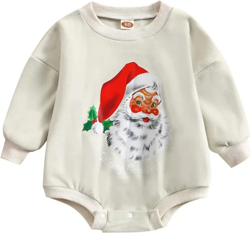 Vista 29 de MERSARIPHY Ropa de Navidad para bebé, sudadera para bebé, niño, niña, mameluco de Papá Noel para bebé, trajes de otoño e invierno Waffle