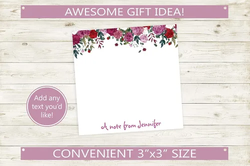Vista 3 de Notas adhesivas personalizadas/Texto personalizado de 3 x 3 pulgadas con diseño de flores rojas y rosadas/ 50 notas adhesivas por bloc, notas