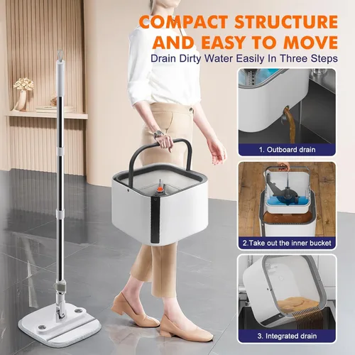 Vista 7 de Sistema mejorado de trapeador giratorio y cubo, cubo interior desmontable para fregona que separa el agua sucia y la cabeza plegable de 90°, sistema