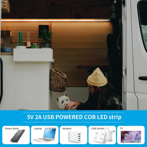 Vista 4 de Tira de luces LED COB USB 5V 3.28ft/1M, Blanco natural 4000K Tira de cinta LED COB regulable alimentada por USB de alta densidad, cinta LED flexible
