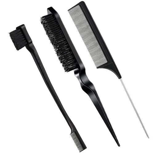 Vista 21 de Geiserailie Juego de 3 cepillos para cabello peinado hacia atrás, cepillo de cerdas, control de bordes, peine para desenredar para cabello negro