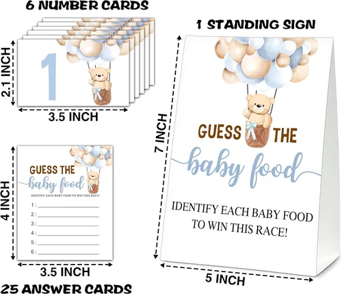 Vista 2 de Guess the Baby Food Party Games, juego de baby shower, 1 letrero de pie + 25 tarjetas de respuesta + 6 tarjetas de números, suministros