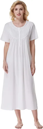 Vista 17 de Keyocean - Camisón de manga corta para mujer, 100 % algodón, suave, cómodo, ligero, con encaje, para verano, ropa de dormir Floral azul