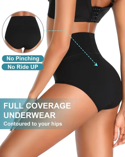 Vista 3 de OUENZ Ropa interior de algodón para mujer, de cintura alta, cobertura completa, calzoncillos posparto, suaves, elásticos, paquete múltiple Negro A
