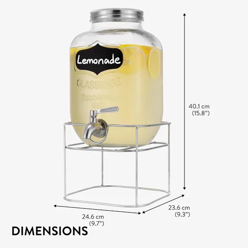 Vista 7 de Navaris Dispensador de bebidas con soporte de metal plateado, contenedor de bebidas de vidrio de 1.3 galones (5L) con grifo, dispensador de bebidas