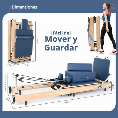 Vista 2 de Foldable Oak Wood Pilates Reformer Machine for Home and Studio Training Azul real