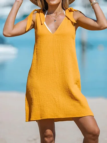Vista 5 de CUPSHE Correa de lazo Cuello en V Vestido de algodón sin mangas Correas Vestidos Casual Verano