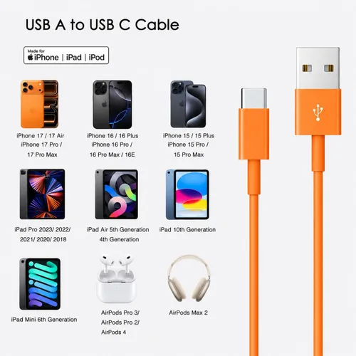 Vista 2 de Cable Carplay naranja de 1.5 pies para iPhone 17/16/15, cable USB A a USB C compatible con iPhone 17Air, 17/16/15 Pro Max, 17E/16E/Plus, iPad