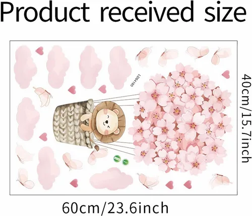 Vista 6 de Calcomanías de pared de globo aerostático con diseño de cachorro de león, diseño de mariposa rosa, nube, corazón, bricolaje, calcomanías de pared