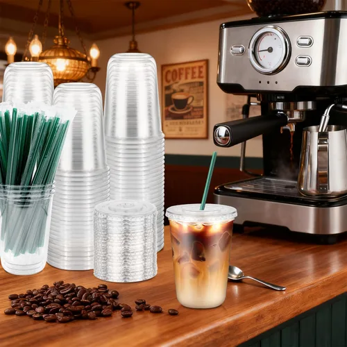 Vista 2 de 50PCS 14 oz Clear Plastic Cups with Lids and Dark Green Straws Transparente