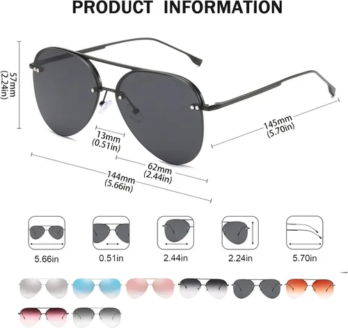 Vista 3 de Gafas de sol retro sin montura para mujer, estilo aviador, gafas de sol clásicas de gran